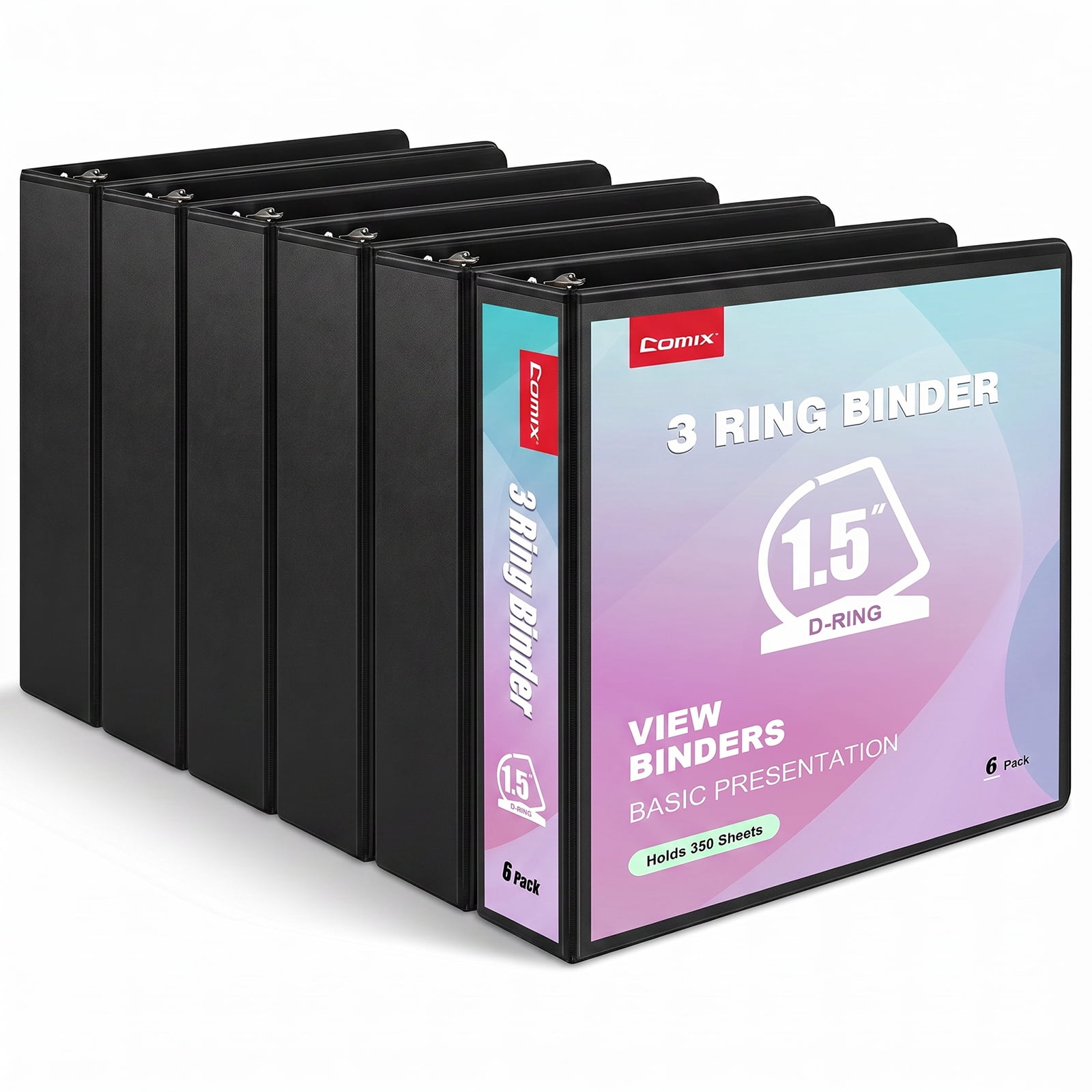 Comix 1-1/2 inch 3 Ring Binder with Clear Cover, 1.5 inch Strong D Ring, Fits Letter Size, Holds 350 Sheets, School Office Supplies, 6-Pack Black