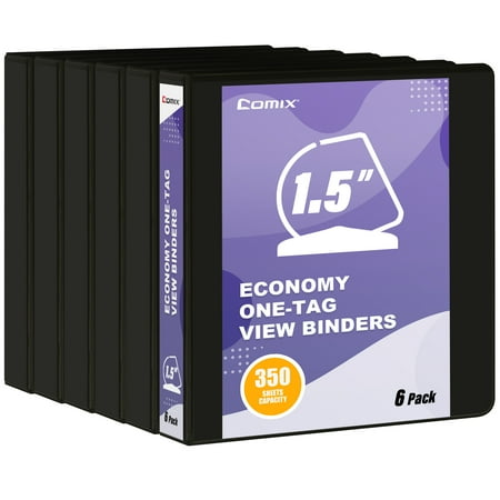 Comix Economy 1.5 inch One-Tag 3 Ring View Binders, 1.5" Slant D-Ring with 350 Sheets Capacity, 6-Pack Black