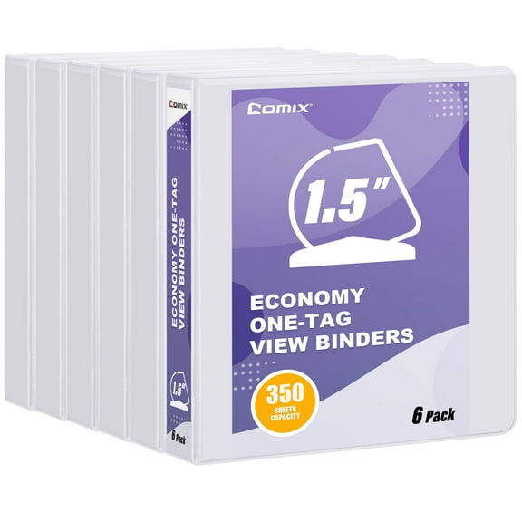 Comix Economy 1.5 inch One-Tag 3 Ring View Binders, D-Ring, 350 Sheets Capacity, 6-Pack White