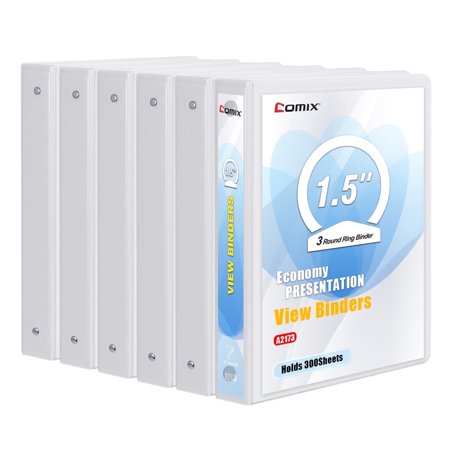Comix Basic 1.5 inch 3 Ring View Binder, 1-1/2 inch Round Ring, 300-Sheet Capacity, 6-Pack White