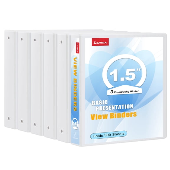 Comix Basic 1.5 inch 3 Ring View Binder, 1-1/2 inch Round Ring, 300-Sheet Capacity, 6-Pack White