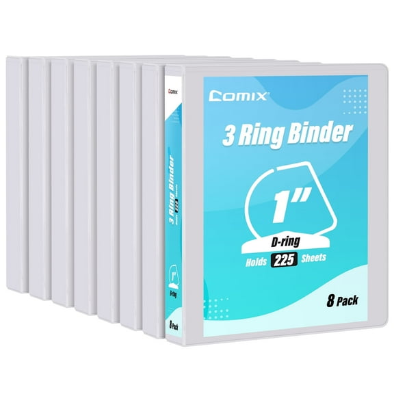 Comix Economy 1 inch 3 Ring View Binders, D-ring, 225 Sheets Capacity, 8 Pack White