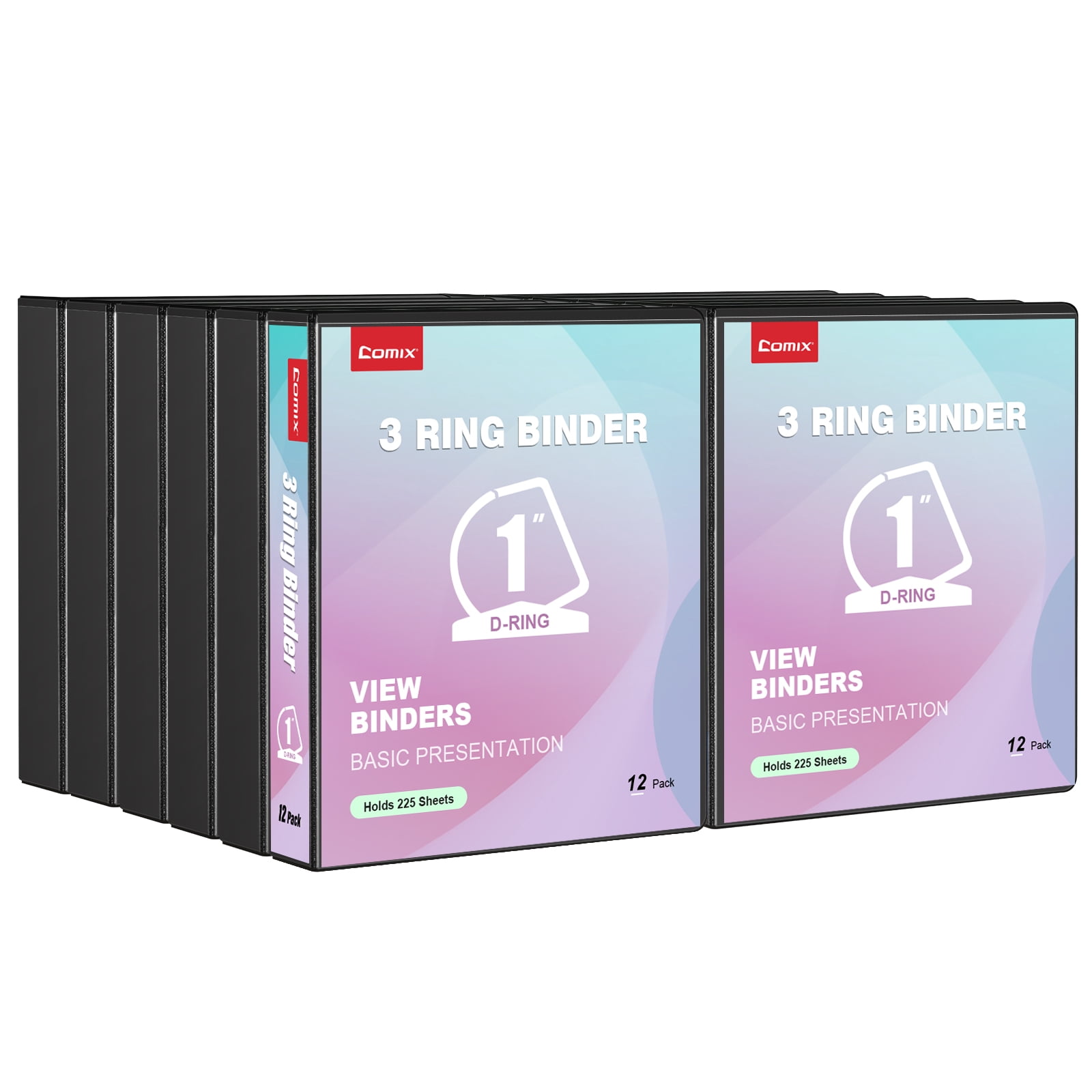 Comix 1 inch 3 Ring Binder with Clear Cover, Strong D Ring, Fits Letter Size, Holds 225 Sheets, School Office Supplies,12-Pack Black