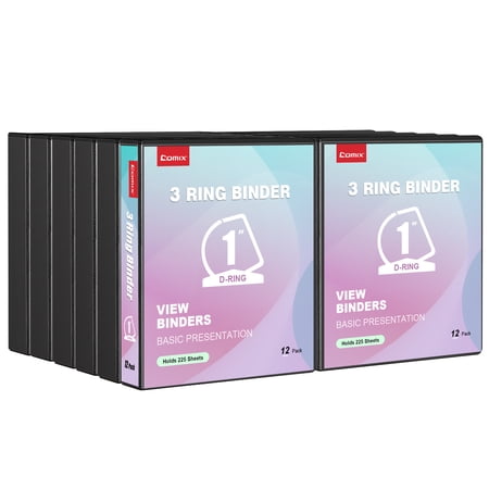 Comix 1 inch 3 Ring Binder with Clear Cover, Strong D Ring, Fits Letter Size, Holds 225 Sheets, School Office Supplies,12-Pack Black