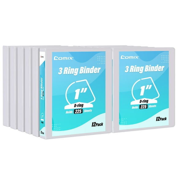 Comix Economy 1-inch D-Ring View Binder with Clear Cover, 3 Ring,Hold 225 Sheets, 12 Pack White