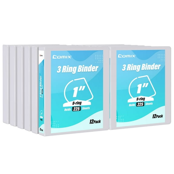 Comix Economy 1-inch D-Ring View Binder with Clear Cover, 3 Ring,Hold 225 Sheets, 12 Pack White