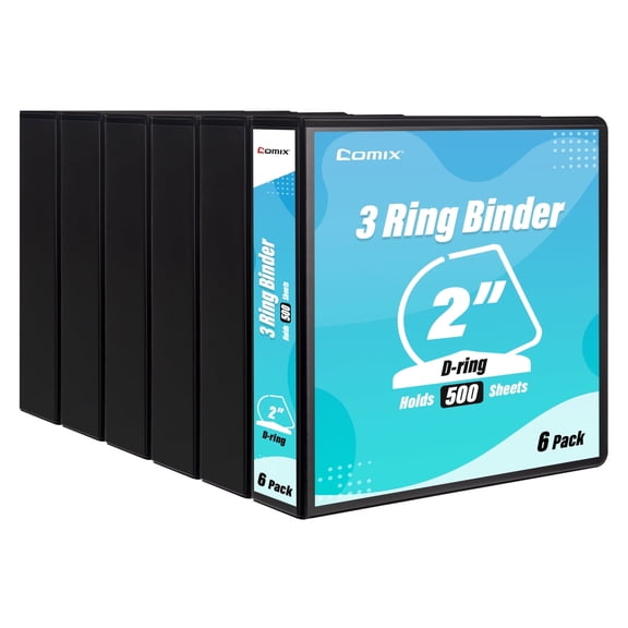 Comix 2 inch 3 Ring Binder with Clear-View Cover, Strong D Ring, Fits Letter Size, Holds 500 Sheets, School Office Supplies, 6-Pack Black
