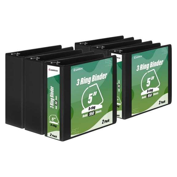 Comix Heavy Duty 5 inch 3 Ring Binder,D Ring Clear Cover, Hold 950 Sheets,6 Pack Black