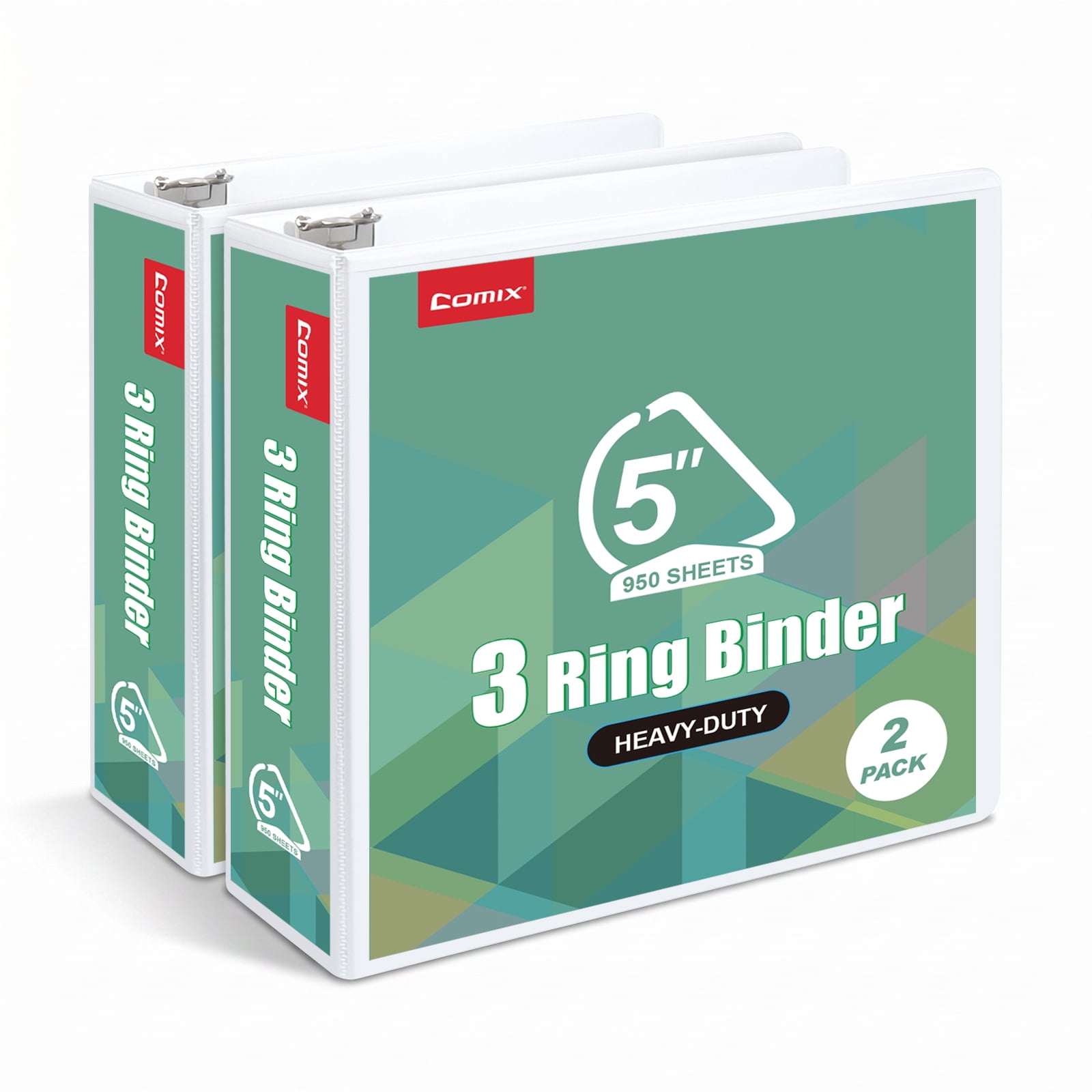 Comix Heavy-duty 5 Inch 3 Ring Binder with Clear Cover,  D Ring, 950 Sheets Capacity, Office School Supplies, 2-Pack White