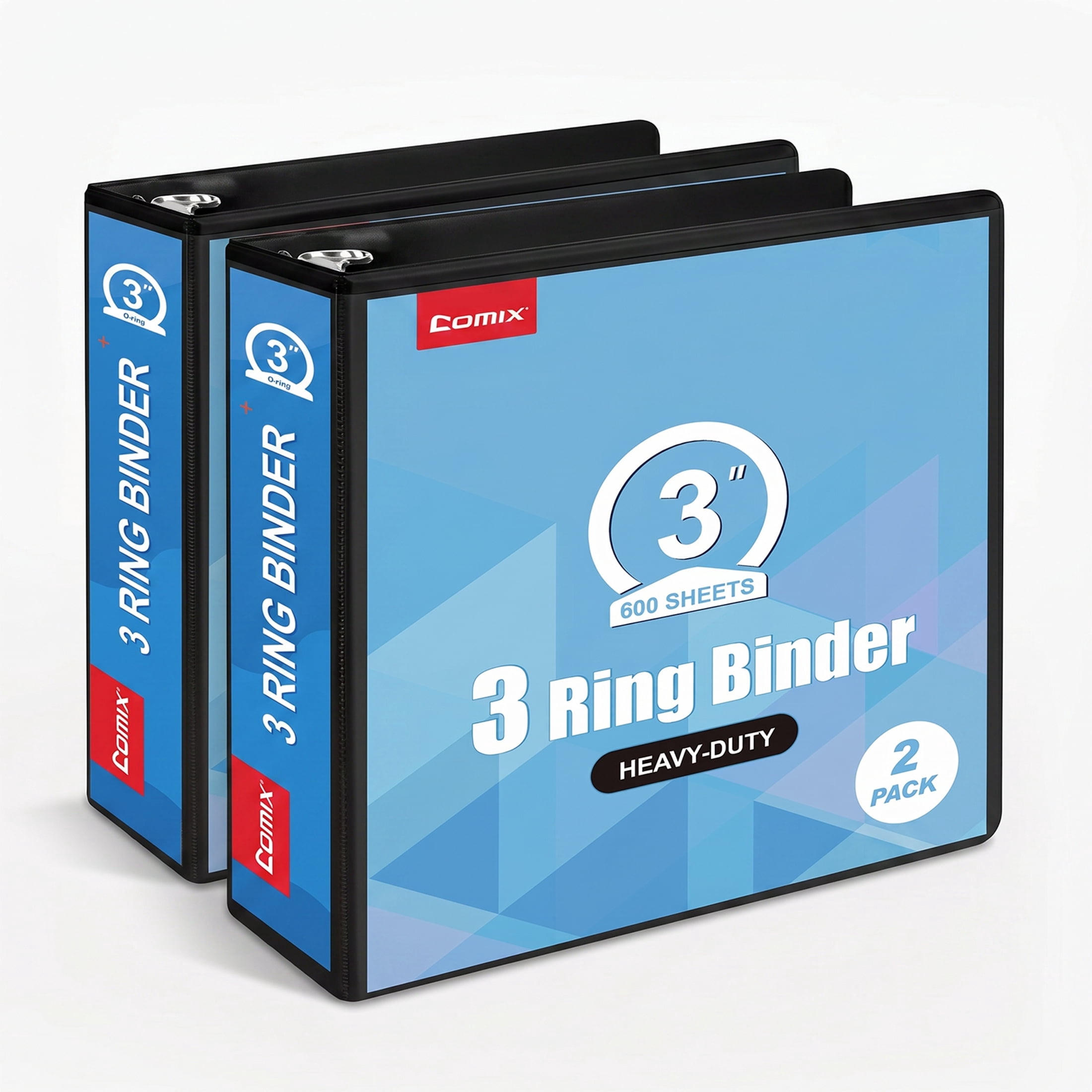 Comix Heavy-duty 3 inch 3 Ring Binder with Clear Cover,  Round Ring, 600 Sheets Capacity, Office School Supplies, 2-Pack Black