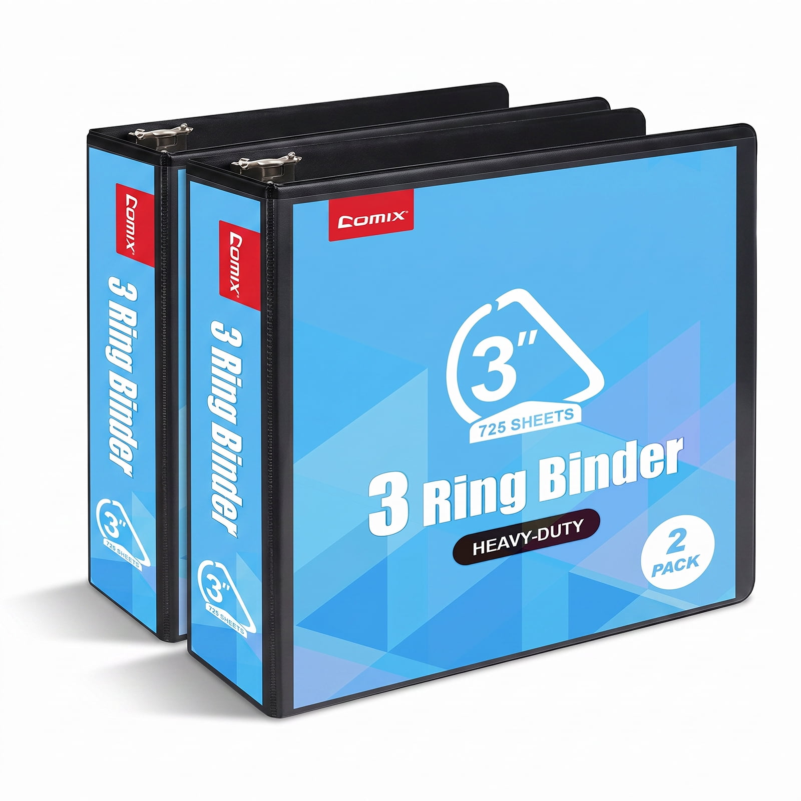 Comix Heavy-duty 3 inch 3 Ring Binder with Clear Cover, D Ring, 725 Sheets Capacity, Office School Supplies, 2-Pack Black