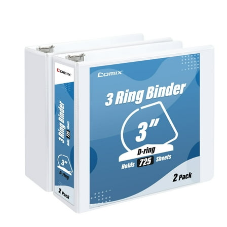 Comix Heavy-duty 3-inch 3 Ring View Binder, D Ring with 725 Sheets Capacity, 2 Pack White