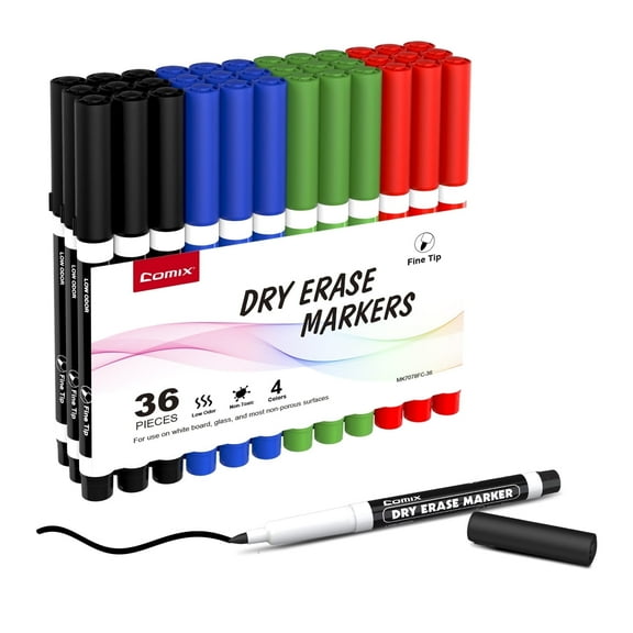 Comix Dry Erase Markers Fine Tip,Low Odor Non-toxic,36 Bulk/Box 4 Assorted Colors