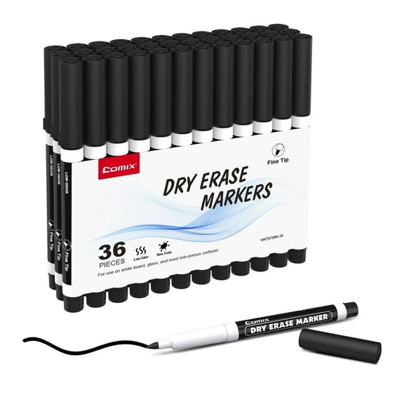 Comix Black Dry Erase Markers Fine Tip,Low Odor Non-toxic,36 Bulk/Set Black