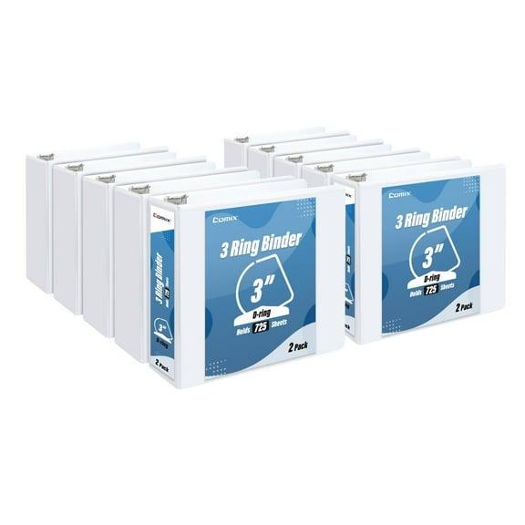 Comix Heavy-duty 3-inch 3 Ring Binder, D Ring with 725 Sheets Capacity, 10 Pack White