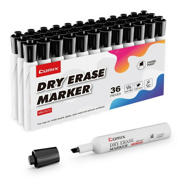 Comix Dry Erase Marker Chisel Tip, Low Odor Non Toxic,36 Bulk Black
