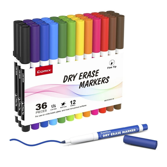 Comix Dry Erase Markers Fine Tip,Low Odor Non-toxic,36 Bulk/Set 12 Assorted Colors