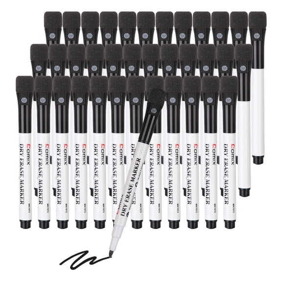 Comix Magnetic Fine Tip Dry Erase Markers with Eraser Cap, 36 Bulk , Low Odor, Black, Office Supplies