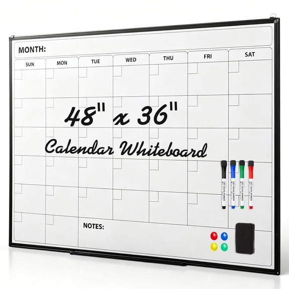Comix Monthly Dry Erase Calendar Board 48"x36", Magnetic Whiteboard for Wall with Hooks, Marker Tray, Markers, Magnets, Eraser, School Office Home Use