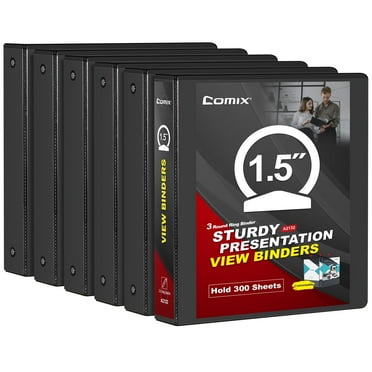 Comix Sturdy 1-1/2" inch Round Ring View Binder, 1.5 inch 3 Ring Binder 300-Sheet Capacity, Fit 8.5" x 11" Paper, 6 Pack Black