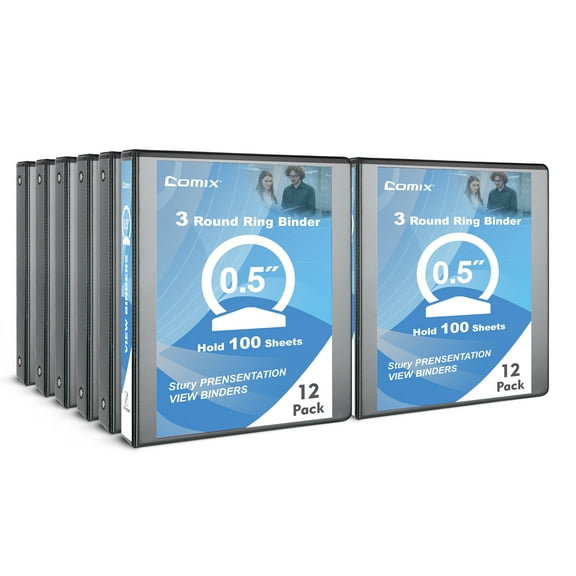 Comix Sturdy 1/2 inch Round Ring Binder,0.5 inch 3 Ring , 100 Sheets Capacity, 12 Pack Black