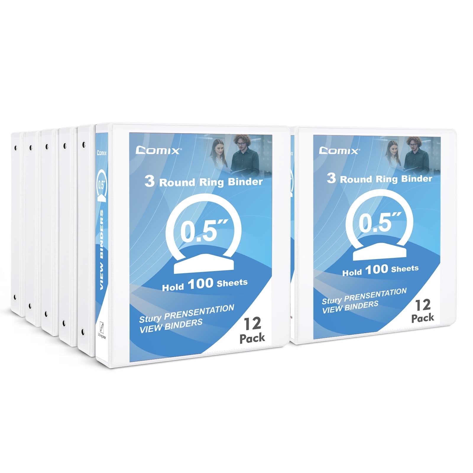 Comix Sturdy 1/2 inch 3 Ring View Binder,O-Ring, Holds 100 Sheets of Letter Size 12-Pack White,2mm-thick