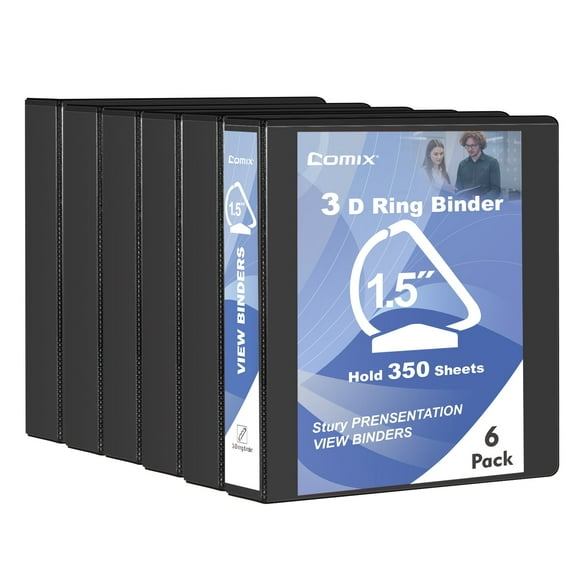 Comix Sturdy 1.5 inch D-Ring Binders,1-1/2 3 Ring with Clear Cover,Holds 350 Sheets, 6 Packs Black 2mm-thick