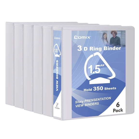 Comix Sturdy 1.5 inch D-Ring Binders,3 Ring Binder with Clear View Cover, Holds 350 Sheets Paper,6 Packs White 2mm-thick
