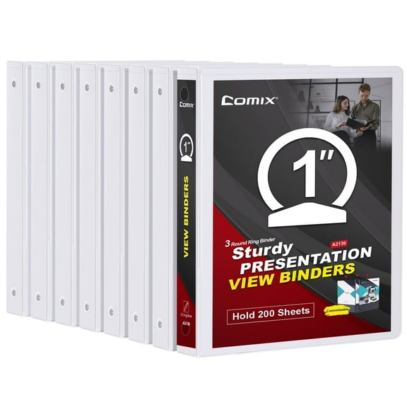 Comix Sturdy 1-inch 3 Ring View Binder, O-ring with 200-Sheet Capacity, 8 Packs for Office Home School Use, White