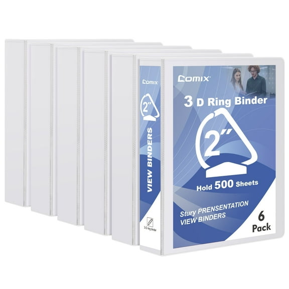 Comix Sturdy 2 inch D-Ring View Binders, 2" 3 Ring, Clear  Cover,Holds 500 Sheets Paper, 6 Pack White 2mm-thick