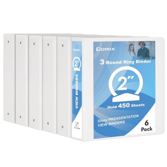 Comix Sturdy 2 inch 3 Ring View Binder, 2" Round Ring with 450-Sheet Capacity,6-Pack White 2mm-thick