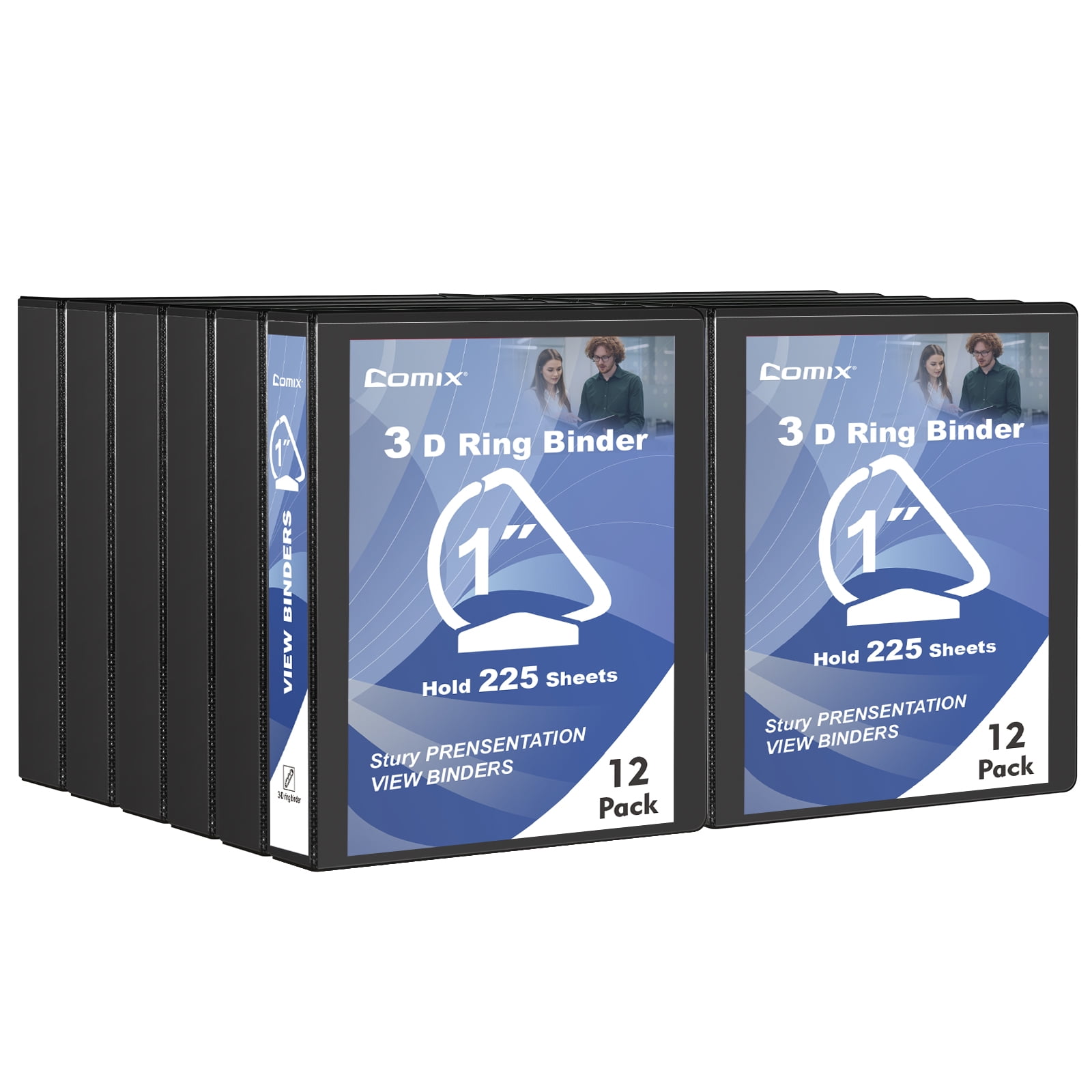 Comix Sturdy 1 inch 3 Ring Binder with View Cover,D-Ring, 225 Sheets Capacity of Letter-Size Paper, 12 Pack Black 2mm-thick