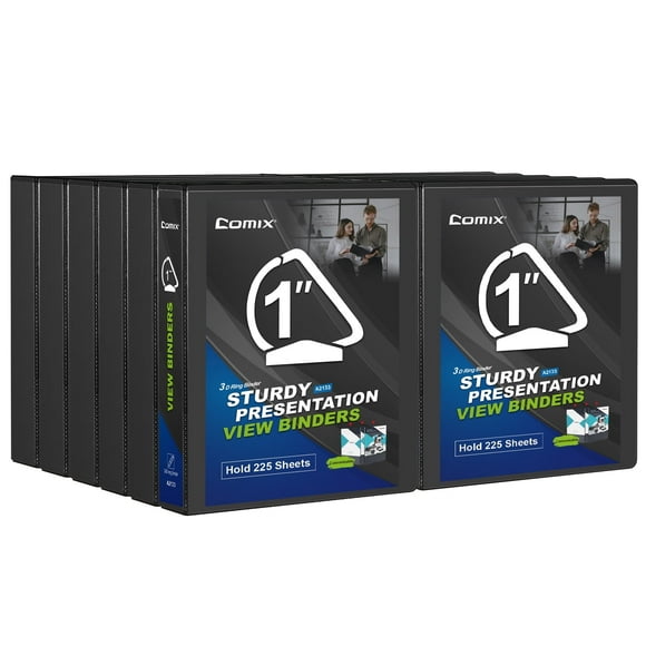Comix Sturdy D-Ring Binder, 1 inch 3 Ring,School Supplies, Hold 225 Sheets Paper, 12 Pack Black