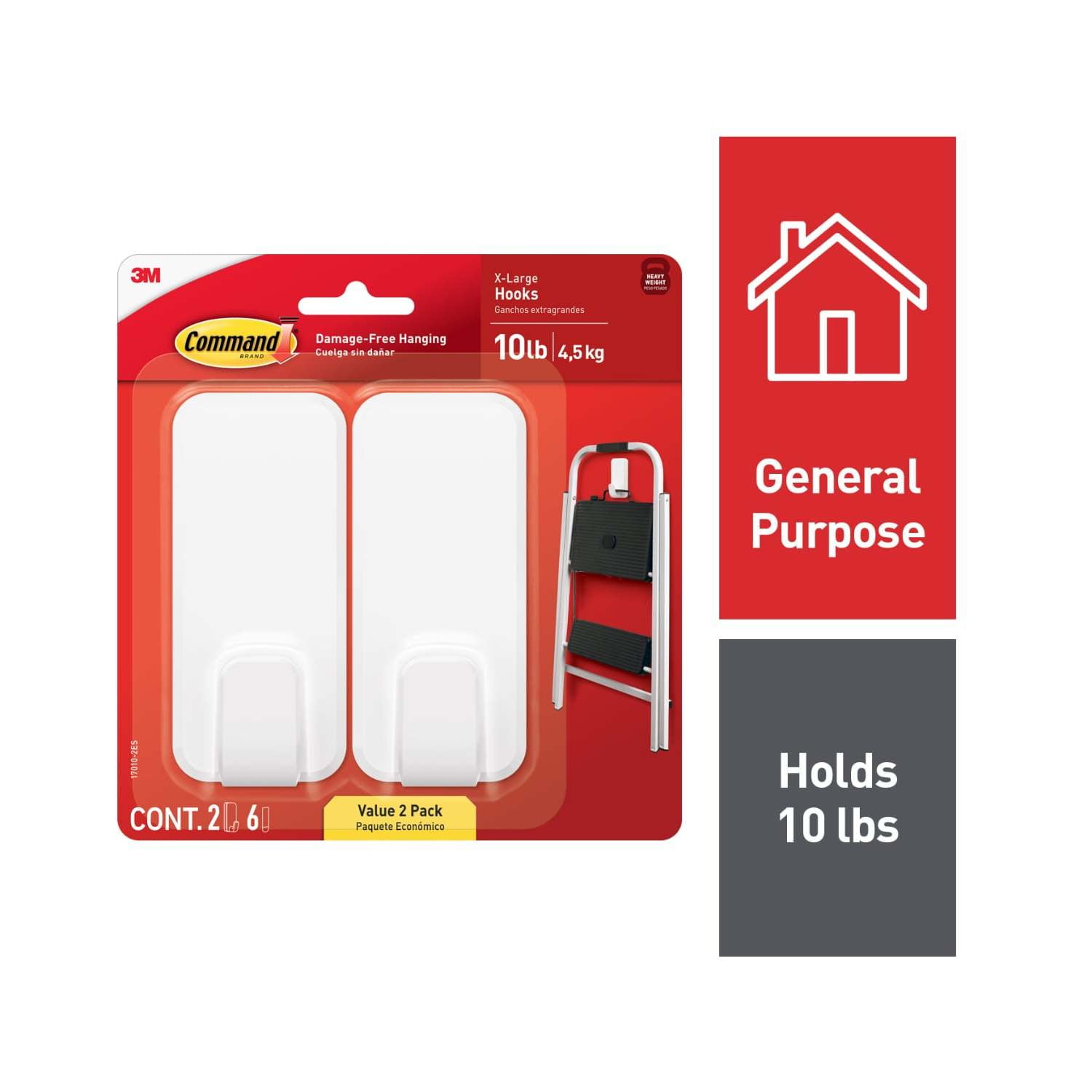 Extra Large White Plastic Adhesive Wall Hooks, 10lb Capacity