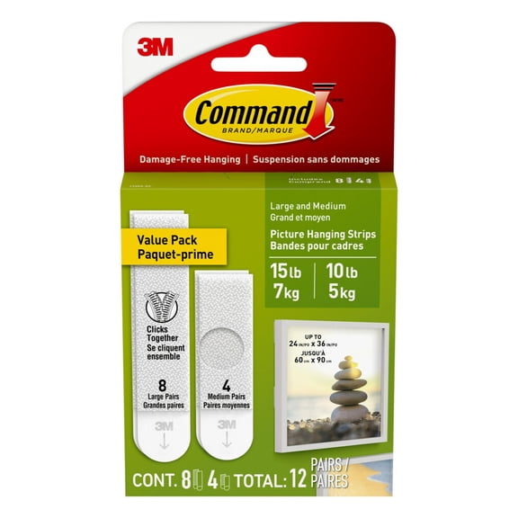 Command 10 Lb and 15 Lb White Picture Hanging Strips Value Pack, 12 Pairs
