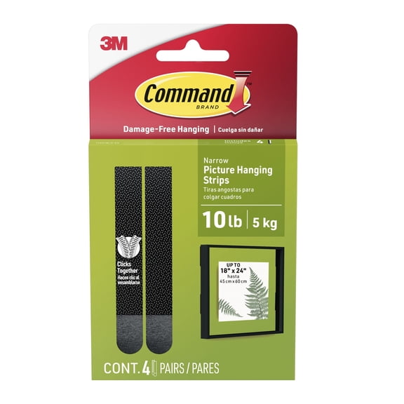 Command Narrow Picture Hangers, Holds 10 lb, Black, 4 Pairs Adhesive Strips