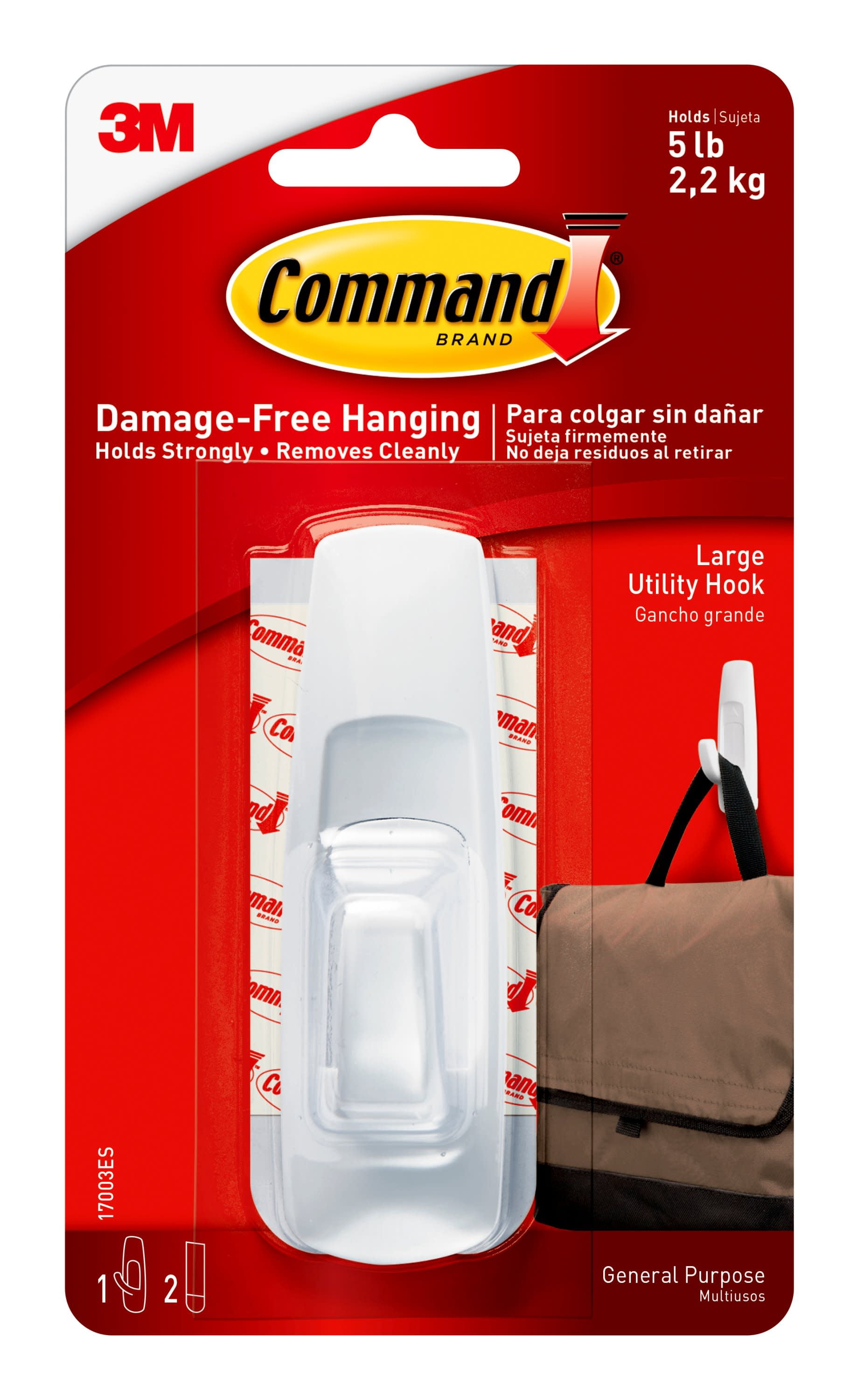 Command 17003 Removable Adhesive Utility Hook, 5-lb Capacity, Plastic,  White 