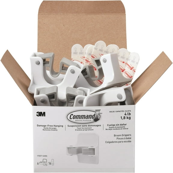 Command Broom And Mop Grippers, 3 3/8"H x 3 1/8"W x 2 7/16"D, Gray/White, Pack Of 6