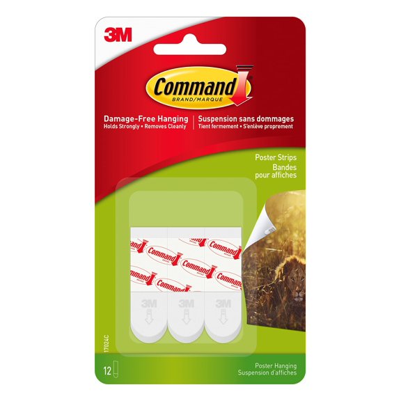 Command 17024ES Poster Hanging, 12 Strips, White Mounting Tape, per Pack