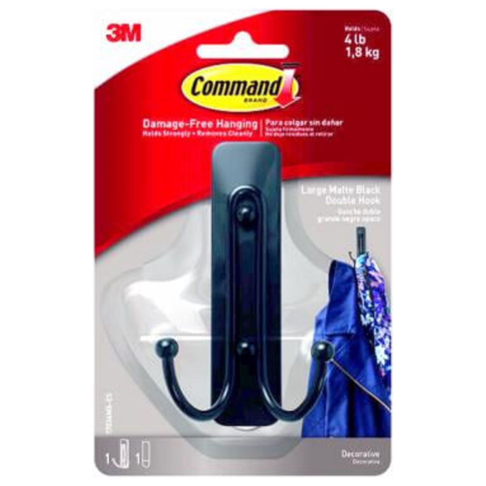 Command Large Double Hooks [Removable]: (Matte Black) [4-pack]