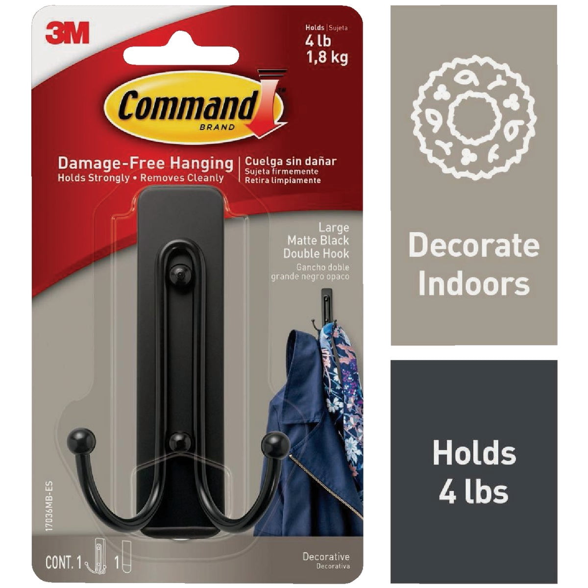 Command Double Hanger Wall Hooks Matte Black - Adhesive Metal Wall Hook - 4 Count — Residential Use, Standard Application