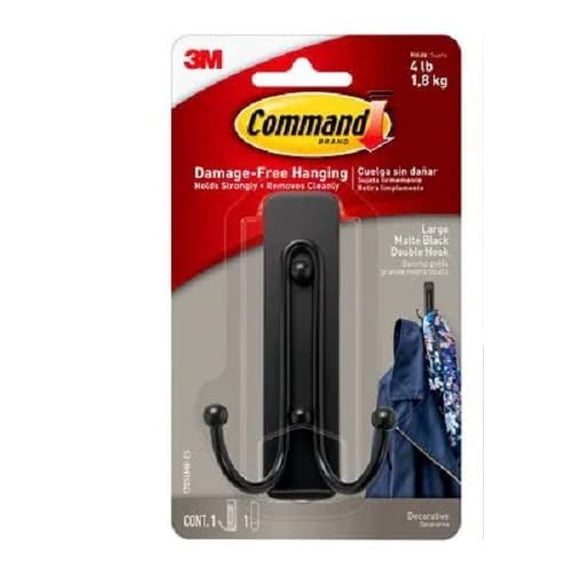 Command Double Hanger Wall Hooks Matte Black - Adhesive Metal Wall Hook - 4 Count  Residential Use, Standard Application