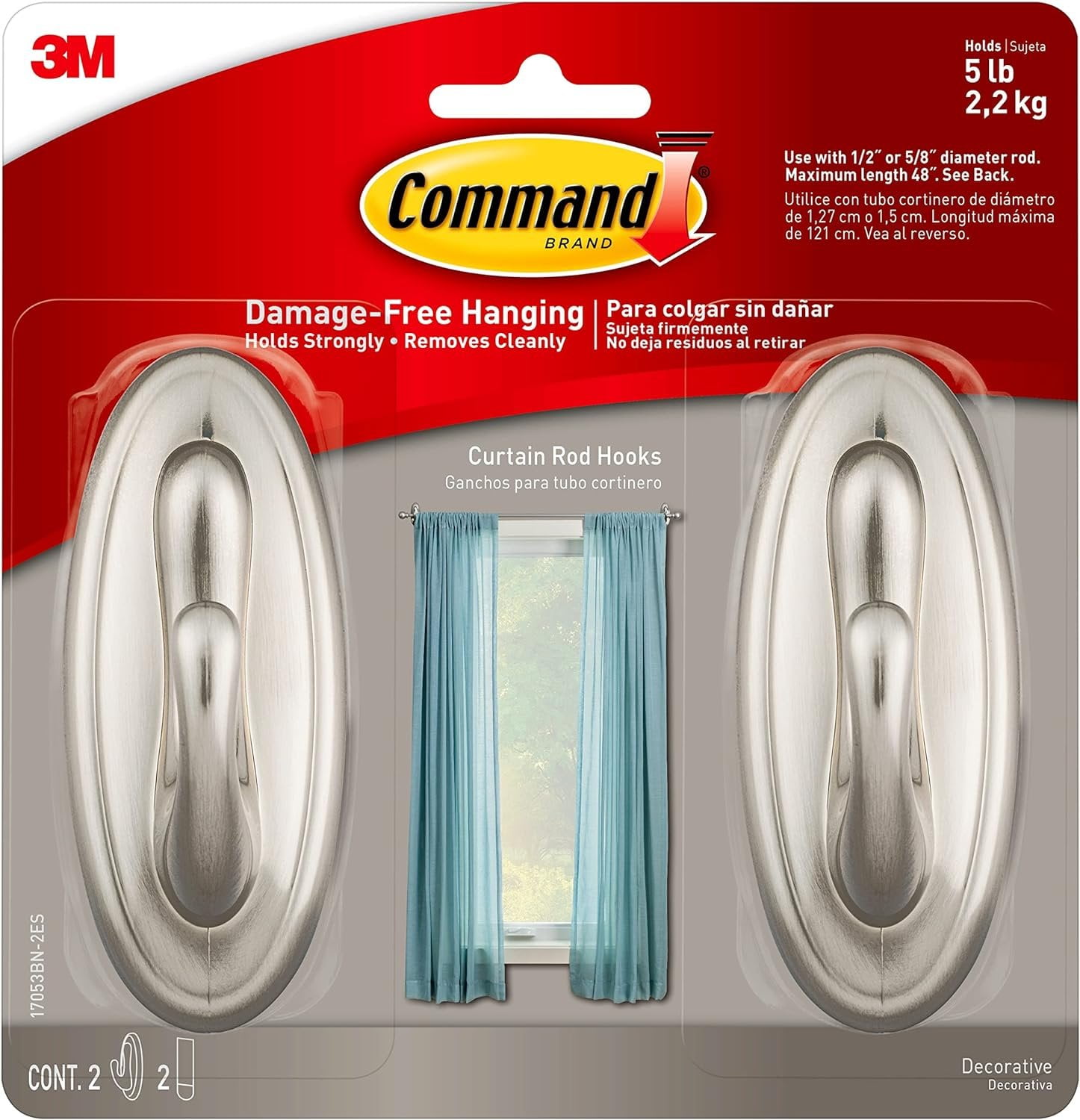 Command 17053BN-2ES Curtain Rod Hooks, Brushed Nickel, 2 Count