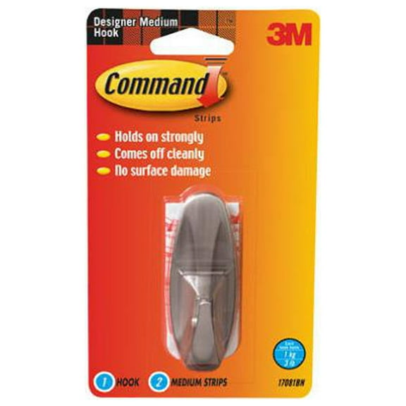 Command 17081BN-ES Medium Nickel Faux Designer Hook - Quantity 4
