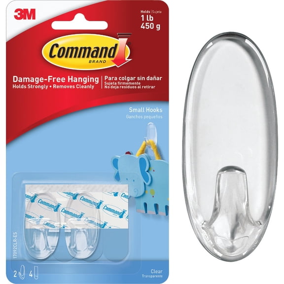 Command 17092 Plastic Small Hooks Clear Strips Pack of 2, Clear