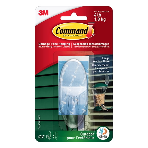 Command 17093CLRAWES All Weather Hooks and Strips, Plastic, Large, 1 Hooks & 2 Strips/Pack