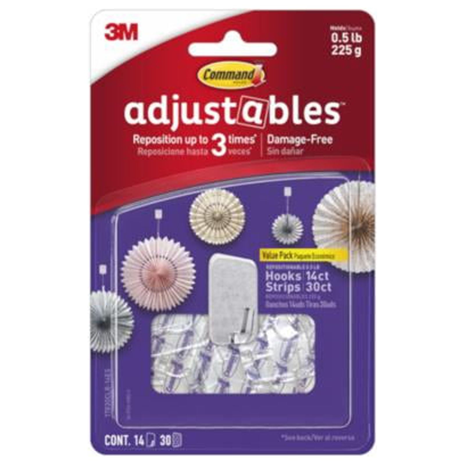Command 17830CLR-14ES Adjustables Hooks & Strips, Clear, Repositionable, 14 Hooks, 30 Strips - Quantity 4