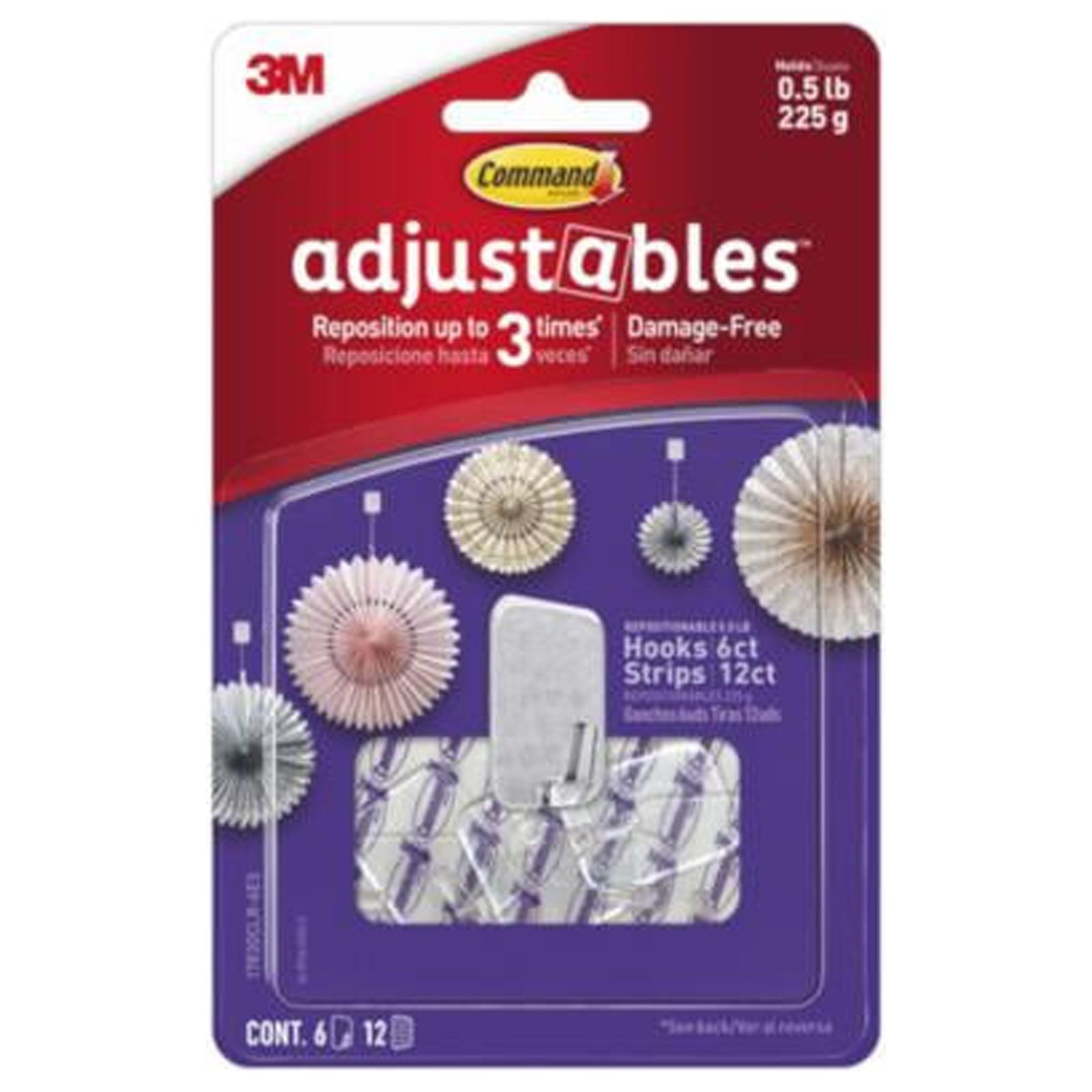 Command 17830CLR-6ES Adjustables Hooks & Strips, Clear, Repositionable, 6 Hooks, 12 Strips - Quantity 4