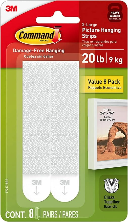 Command 20 lb XLarge Picture Hanging Strips, 8 Pairs White Command Strips Heavy Duty Picture