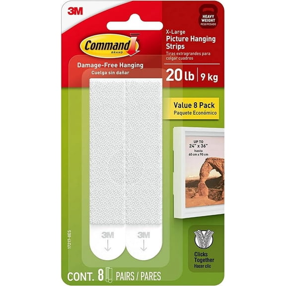 Command 20 lb X-Large Picture Hanging Strips, 8 Pairs White Command Strips Heavy Duty Picture Hanger